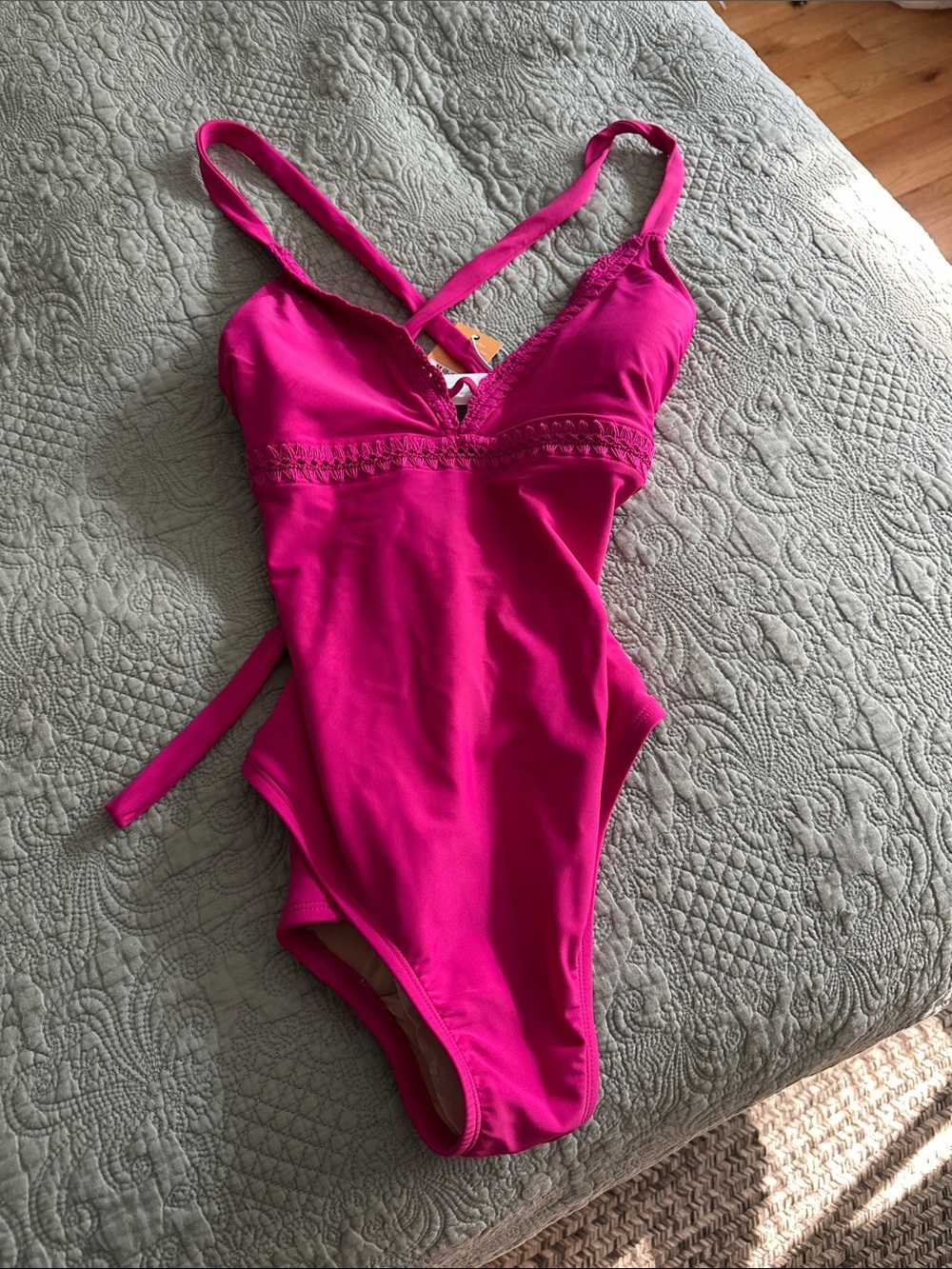 Kona Sol Hot Pink One-Piece Swimsuit with Lace Trim